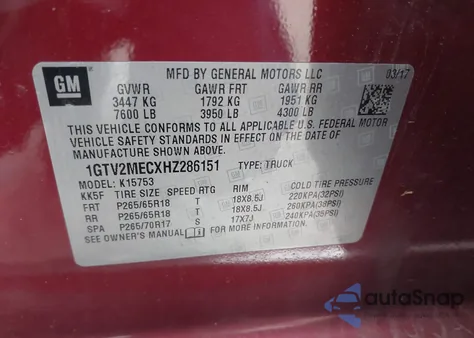 2017 GMC Sierra 1500 Sle from USA, damaged, VIN 1GTV2MECXHZ286151